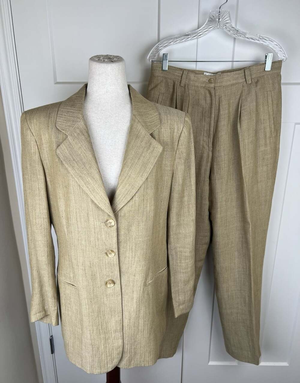 Casual Corner Linen Blend Pantsuit Set 12 14 Herringbone Blazer Trousers Tan